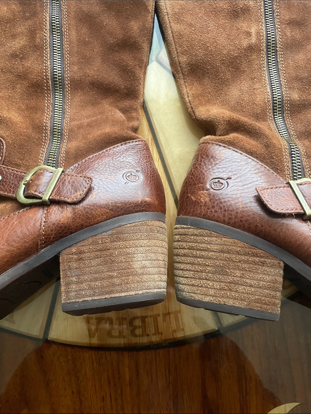 Born Alize Wide Calf Knee High Double Zip Brown Leather Suede Western Riding - Picture 10 of 11